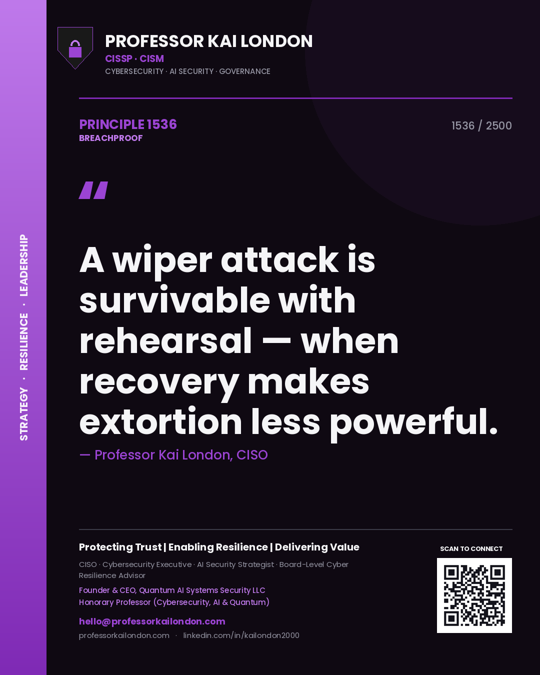 Professor Kai London principle 1536: A wiper attack is survivable with rehearsal — when recovery makes extortion less powerful.