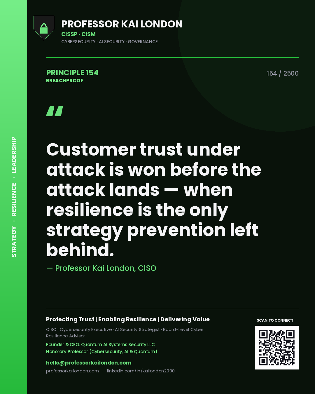 Professor Kai London principle 154: Customer trust under attack is won before the attack lands — when resilience is the only strategy prevention left behind.