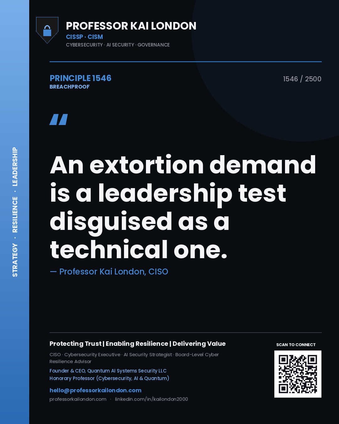 Professor Kai London principle 1546: An extortion demand is a leadership test disguised as a technical one.
