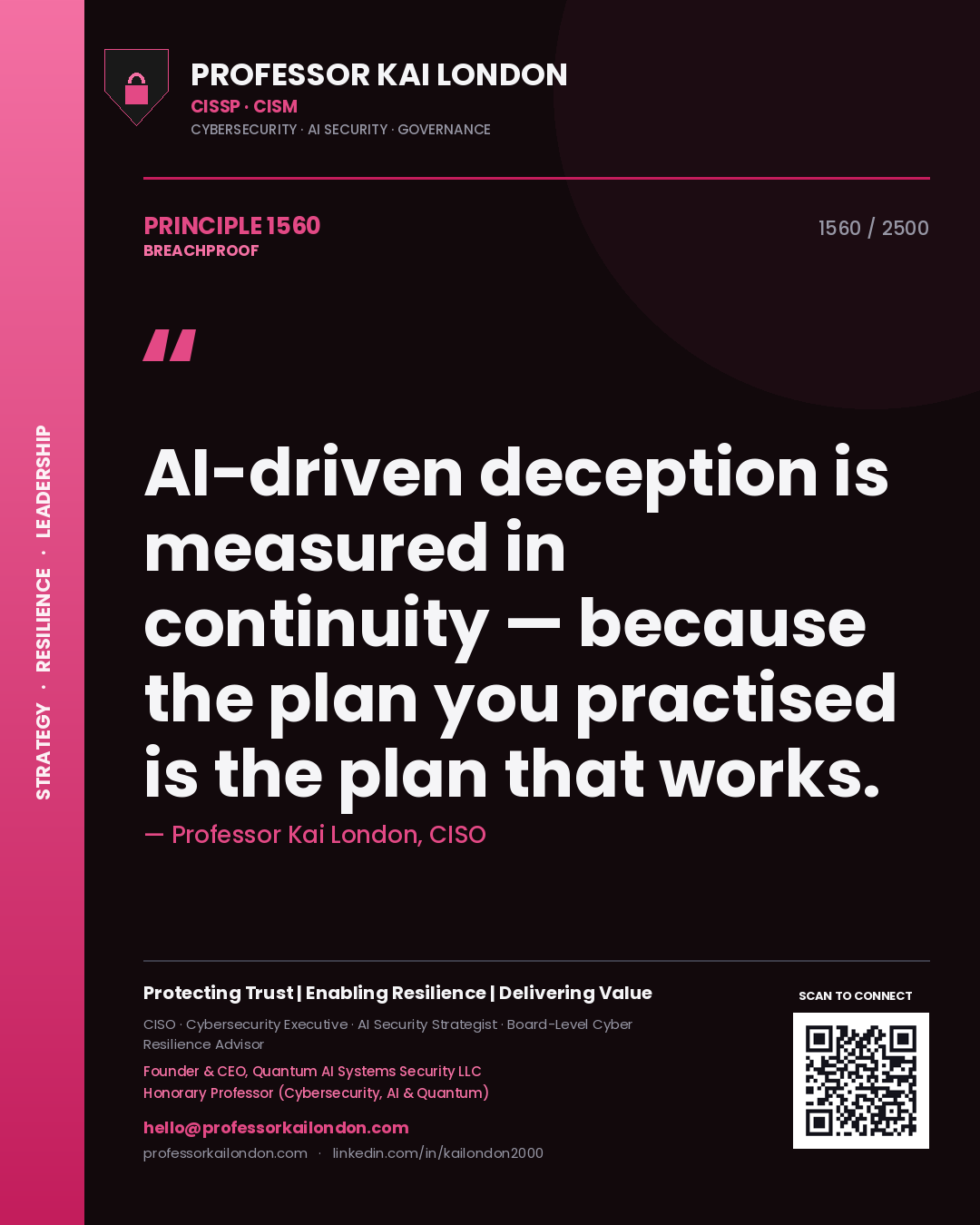 Professor Kai London principle 1560: AI-driven deception is measured in continuity — because the plan you practised is the plan that works.