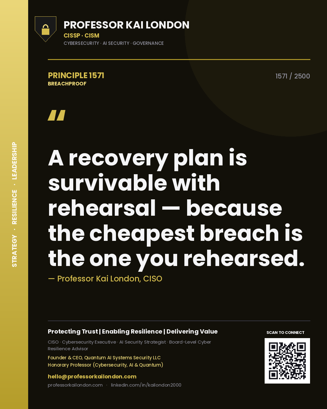 Professor Kai London principle 1571: A recovery plan is survivable with rehearsal — because the cheapest breach is the one you rehearsed.