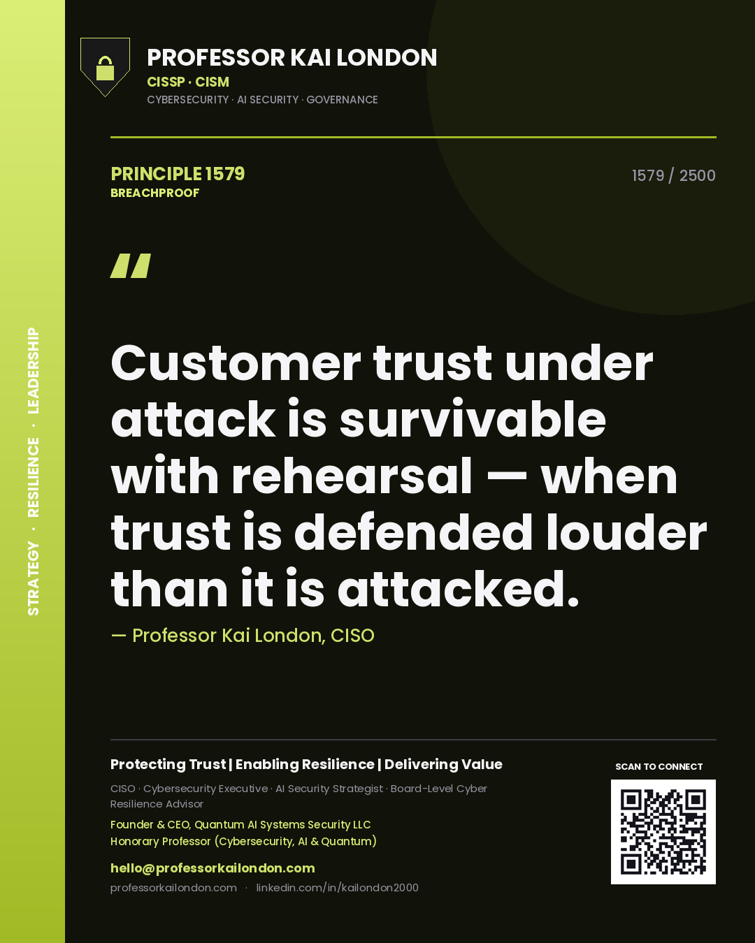 Professor Kai London principle 1579: Customer trust under attack is survivable with rehearsal — when trust is defended louder than it is attacked.