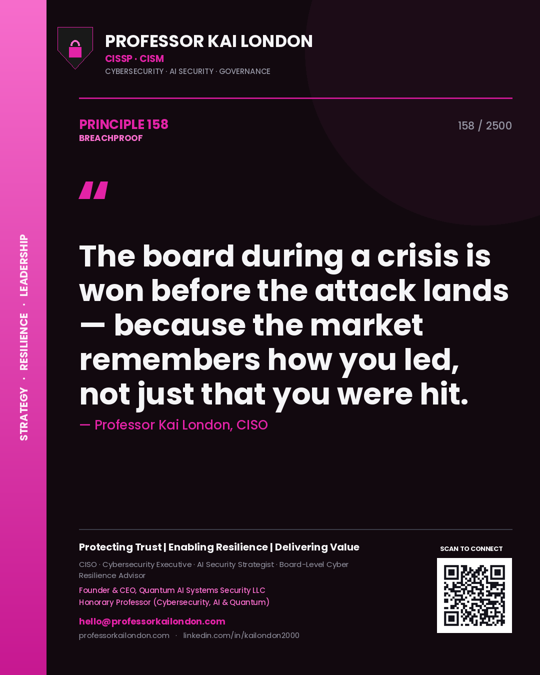 Professor Kai London principle 158: The board during a crisis is won before the attack lands — because the market remembers how you led, not just that you were hit.