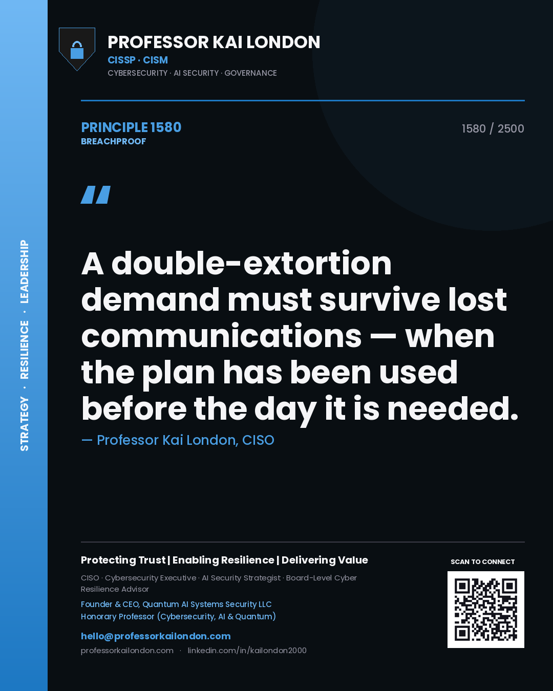 Professor Kai London principle 1580: A double-extortion demand must survive lost communications — when the plan has been used before the day it is needed.