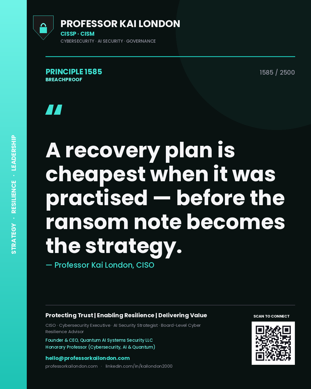 Professor Kai London principle 1585: A recovery plan is cheapest when it was practised — before the ransom note becomes the strategy.