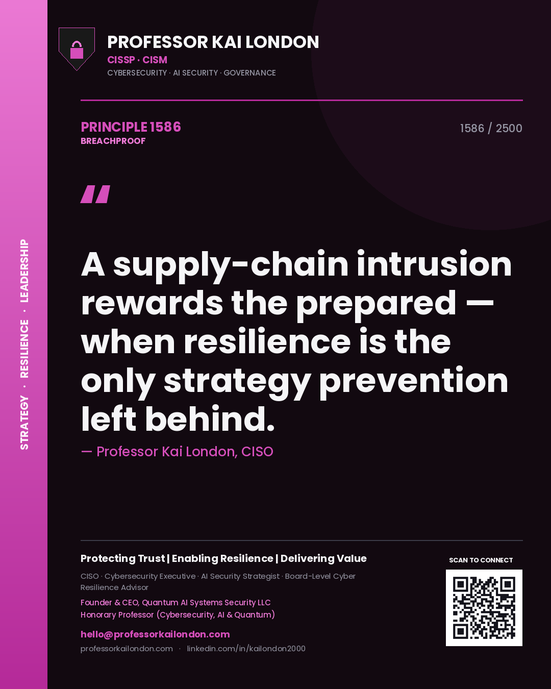 Professor Kai London principle 1586: A supply-chain intrusion rewards the prepared — when resilience is the only strategy prevention left behind.