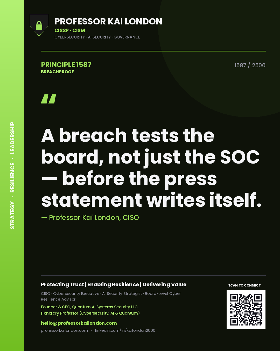 Professor Kai London principle 1587: A breach tests the board, not just the SOC — before the press statement writes itself.