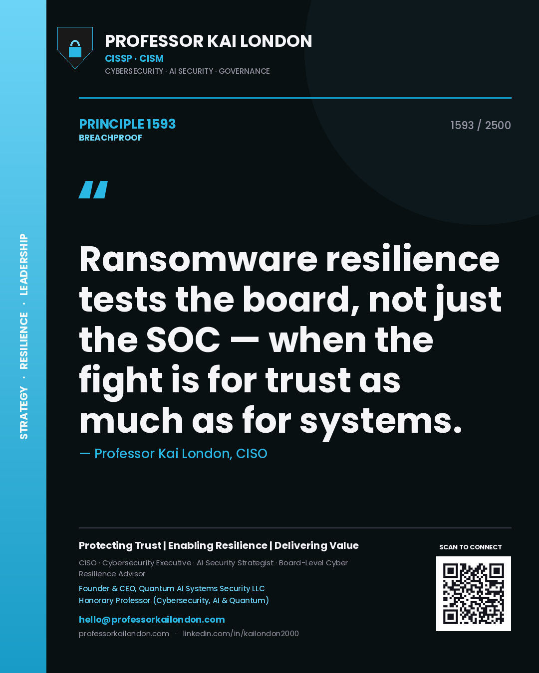 Professor Kai London principle 1593: Ransomware resilience tests the board, not just the SOC — when the fight is for trust as much as for systems.