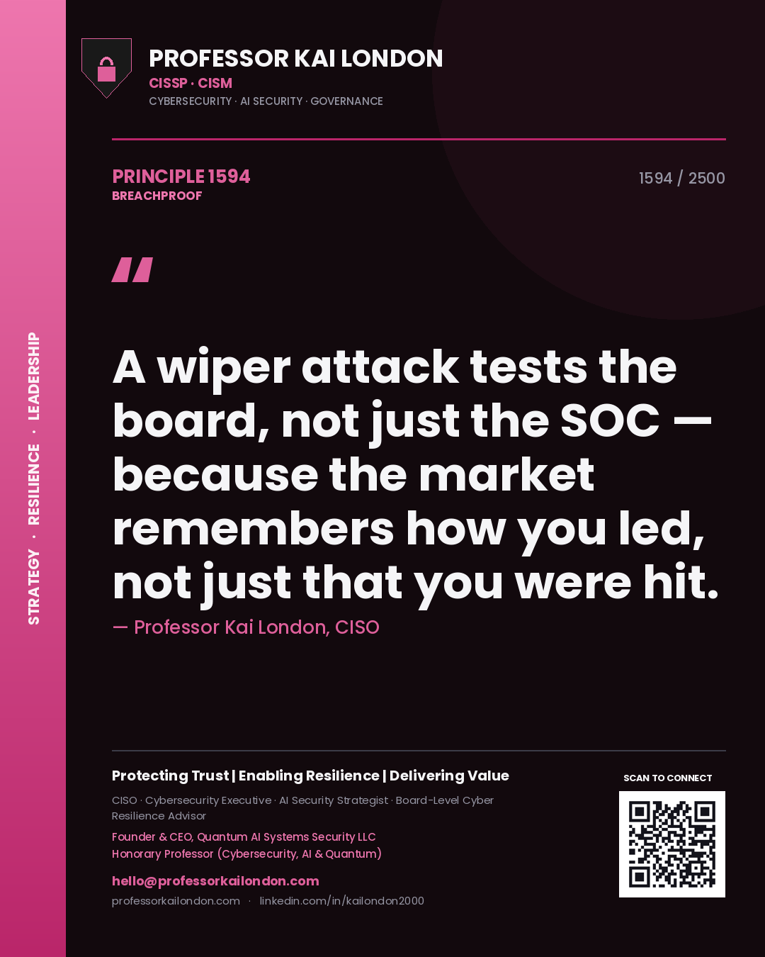 Professor Kai London principle 1594: A wiper attack tests the board, not just the SOC — because the market remembers how you led, not just that you were hit.