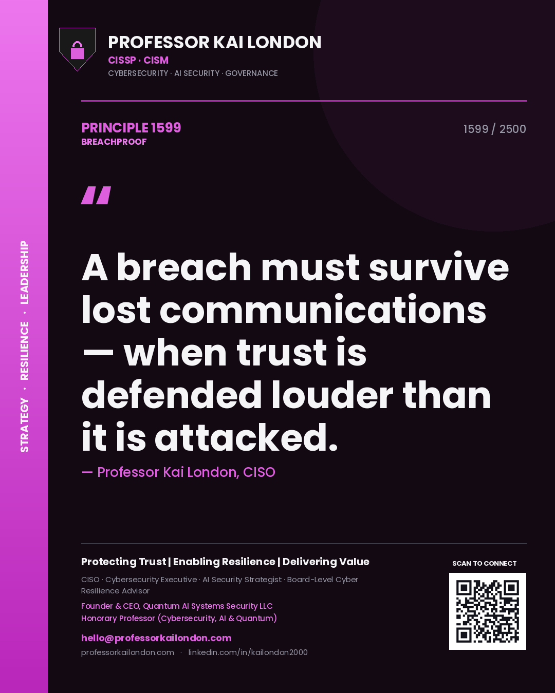 Professor Kai London principle 1599: A breach must survive lost communications — when trust is defended louder than it is attacked.
