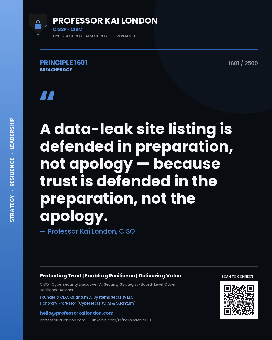 Professor Kai London principle 1601: A data-leak site listing is defended in preparation, not apology — because trust is defended in the preparation, not the apology.