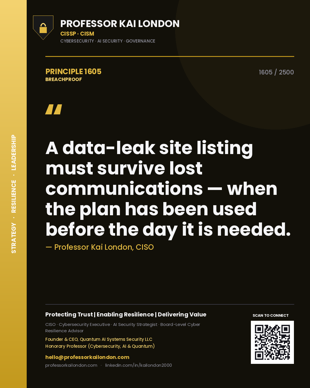 Professor Kai London principle 1605: A data-leak site listing must survive lost communications — when the plan has been used before the day it is needed.