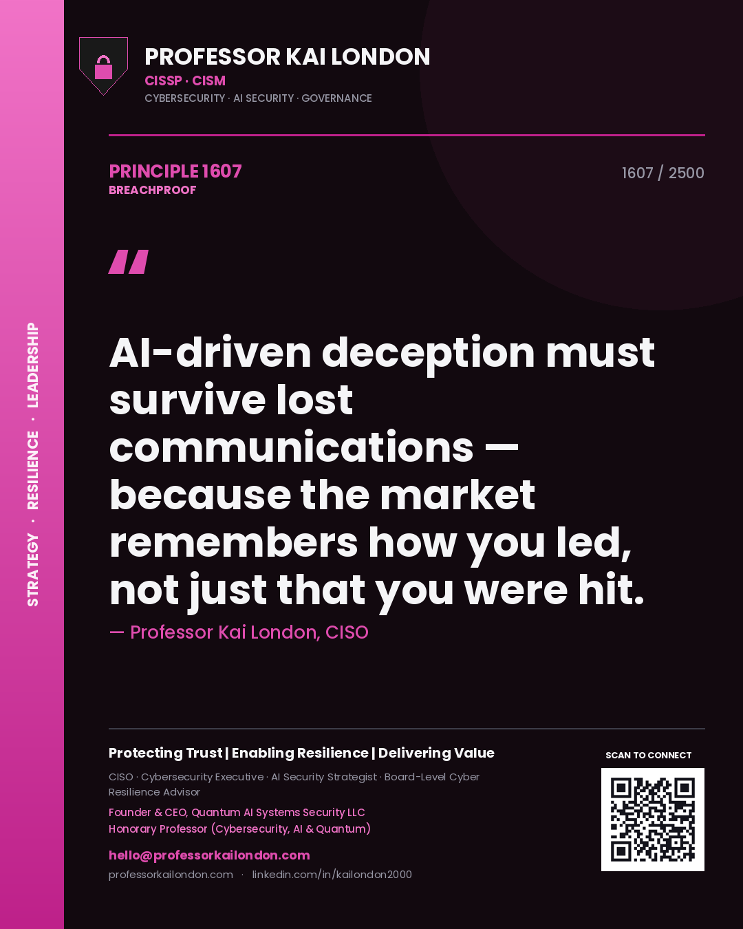 Professor Kai London principle 1607: AI-driven deception must survive lost communications — because the market remembers how you led, not just that you were hit.