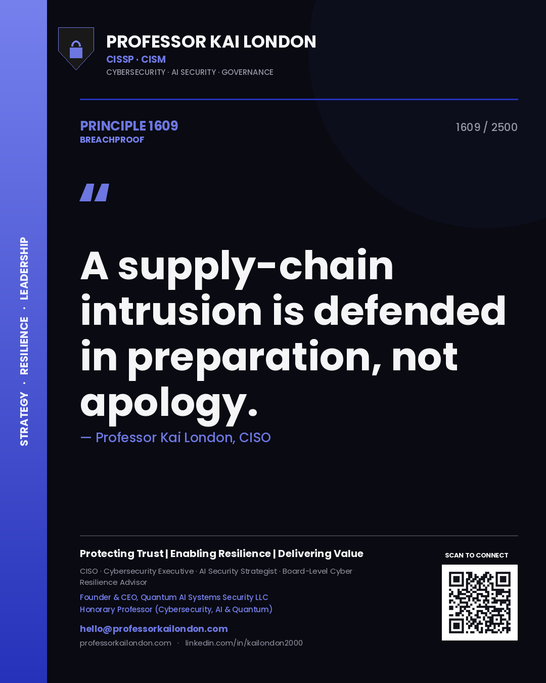 Professor Kai London principle 1609: A supply-chain intrusion is defended in preparation, not apology.