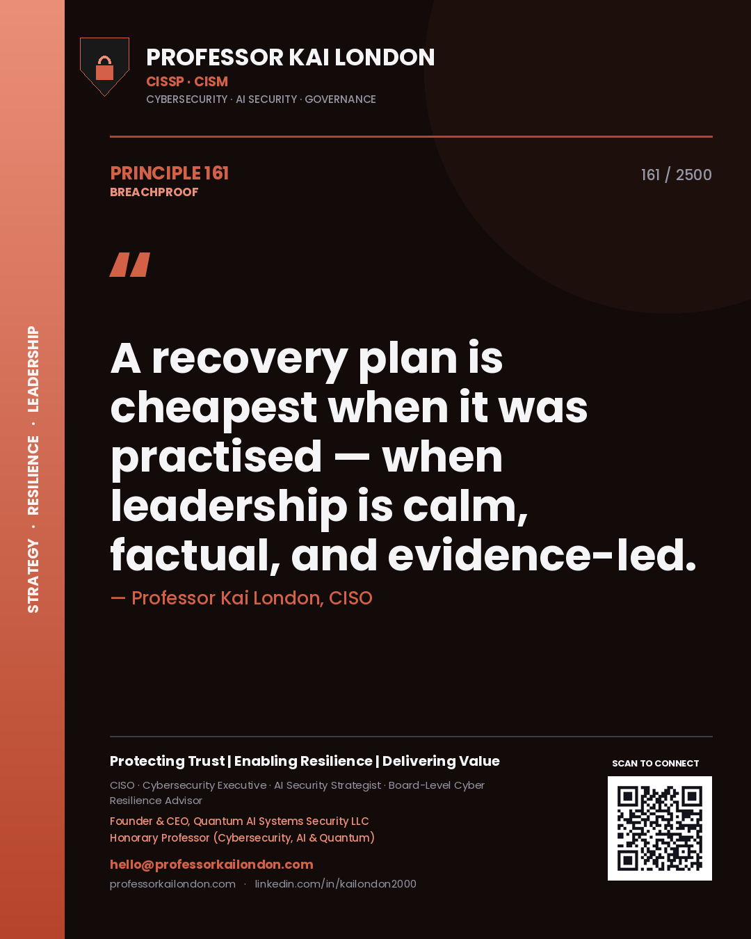Professor Kai London principle 161: A recovery plan is cheapest when it was practised — when leadership is calm, factual, and evidence-led.