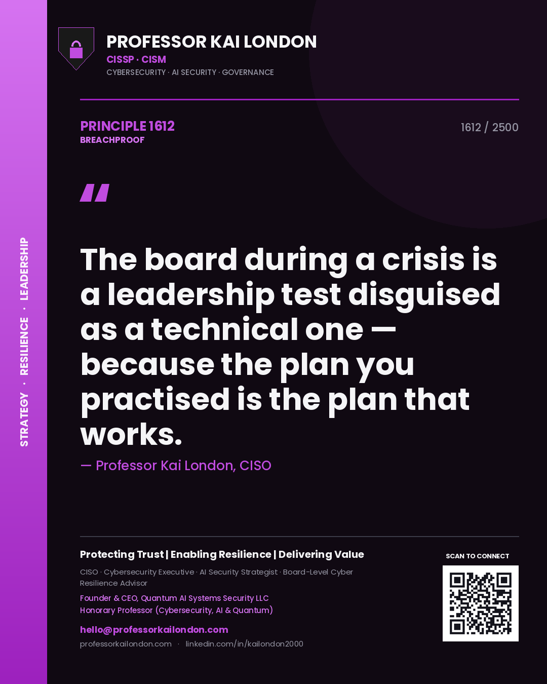 Professor Kai London principle 1612: The board during a crisis is a leadership test disguised as a technical one — because the plan you practised is the plan that works.