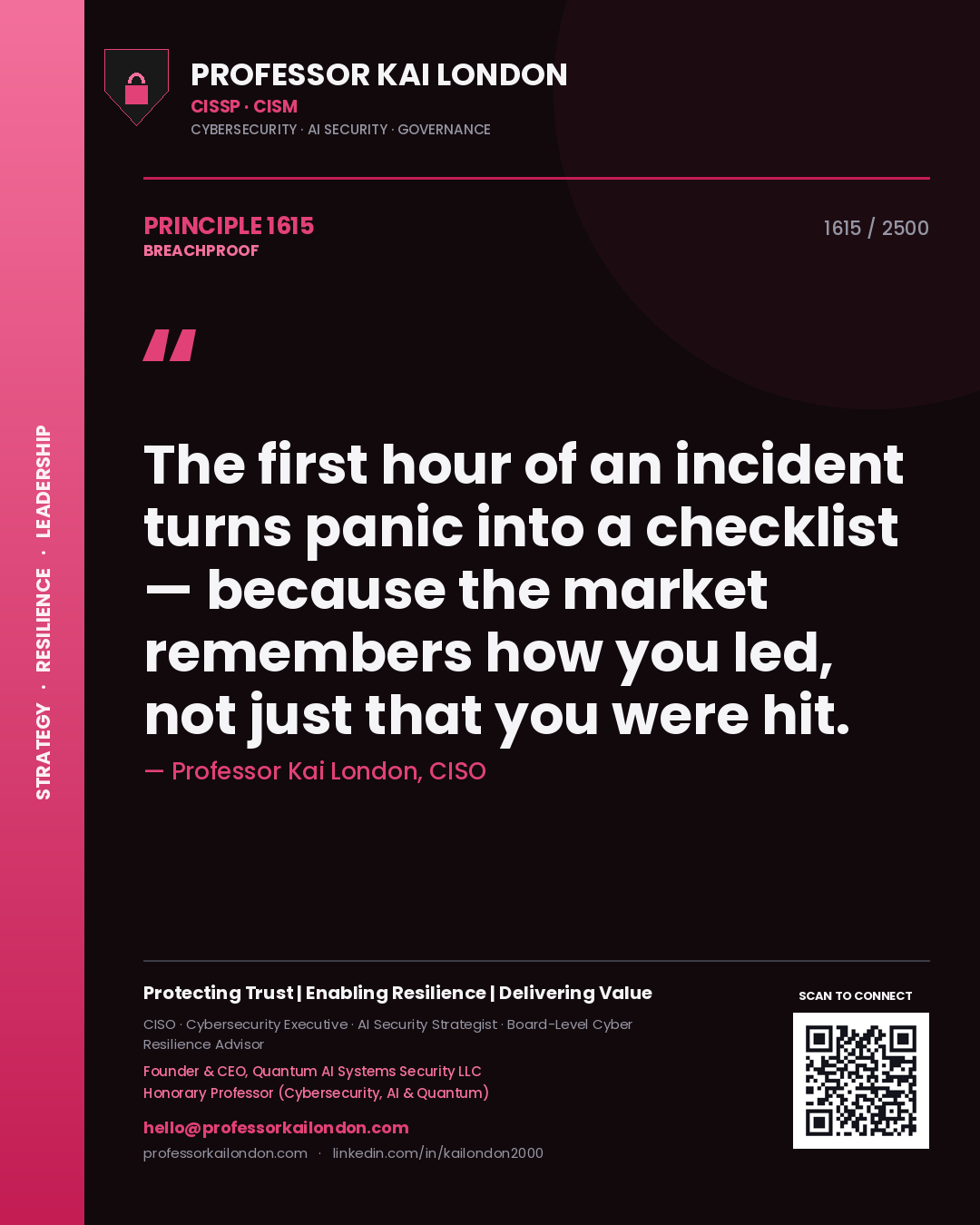Professor Kai London principle 1615: The first hour of an incident turns panic into a checklist — because the market remembers how you led, not just that you were hit.