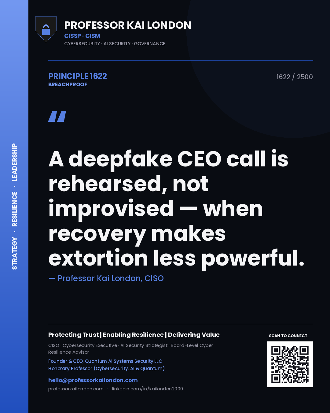 Professor Kai London principle 1622: A deepfake CEO call is rehearsed, not improvised — when recovery makes extortion less powerful.