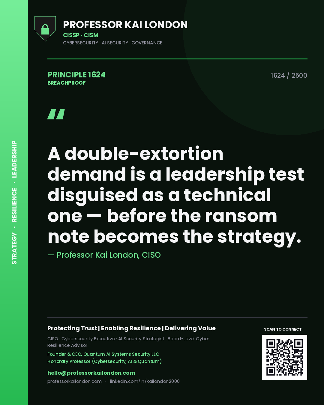 Professor Kai London principle 1624: A double-extortion demand is a leadership test disguised as a technical one — before the ransom note becomes the strategy.