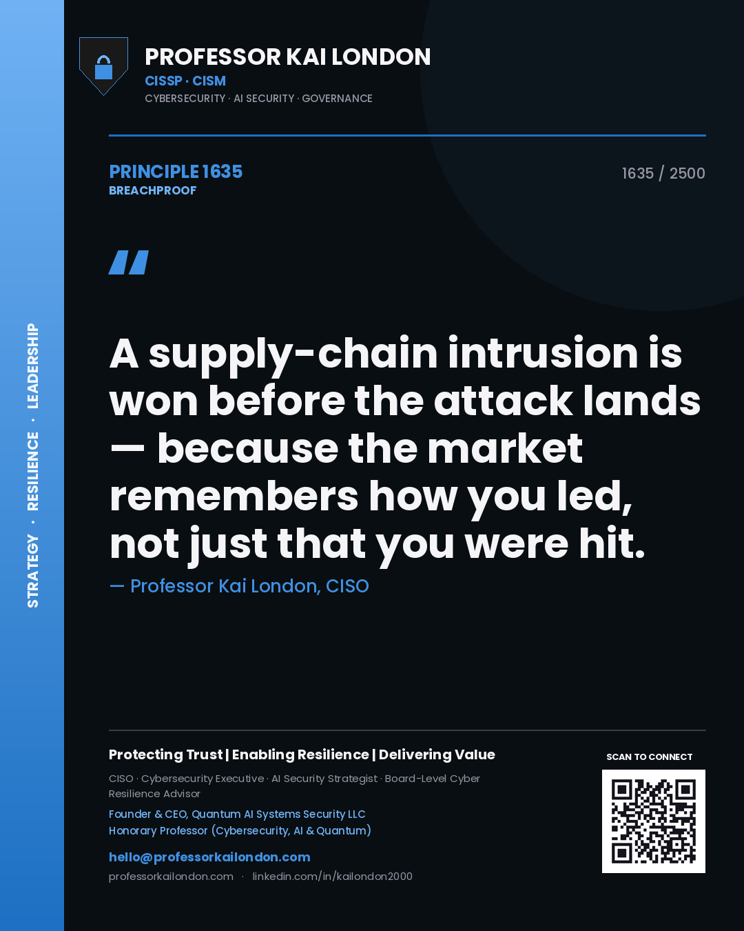 Professor Kai London principle 1635: A supply-chain intrusion is won before the attack lands — because the market remembers how you led, not just that you were hit.