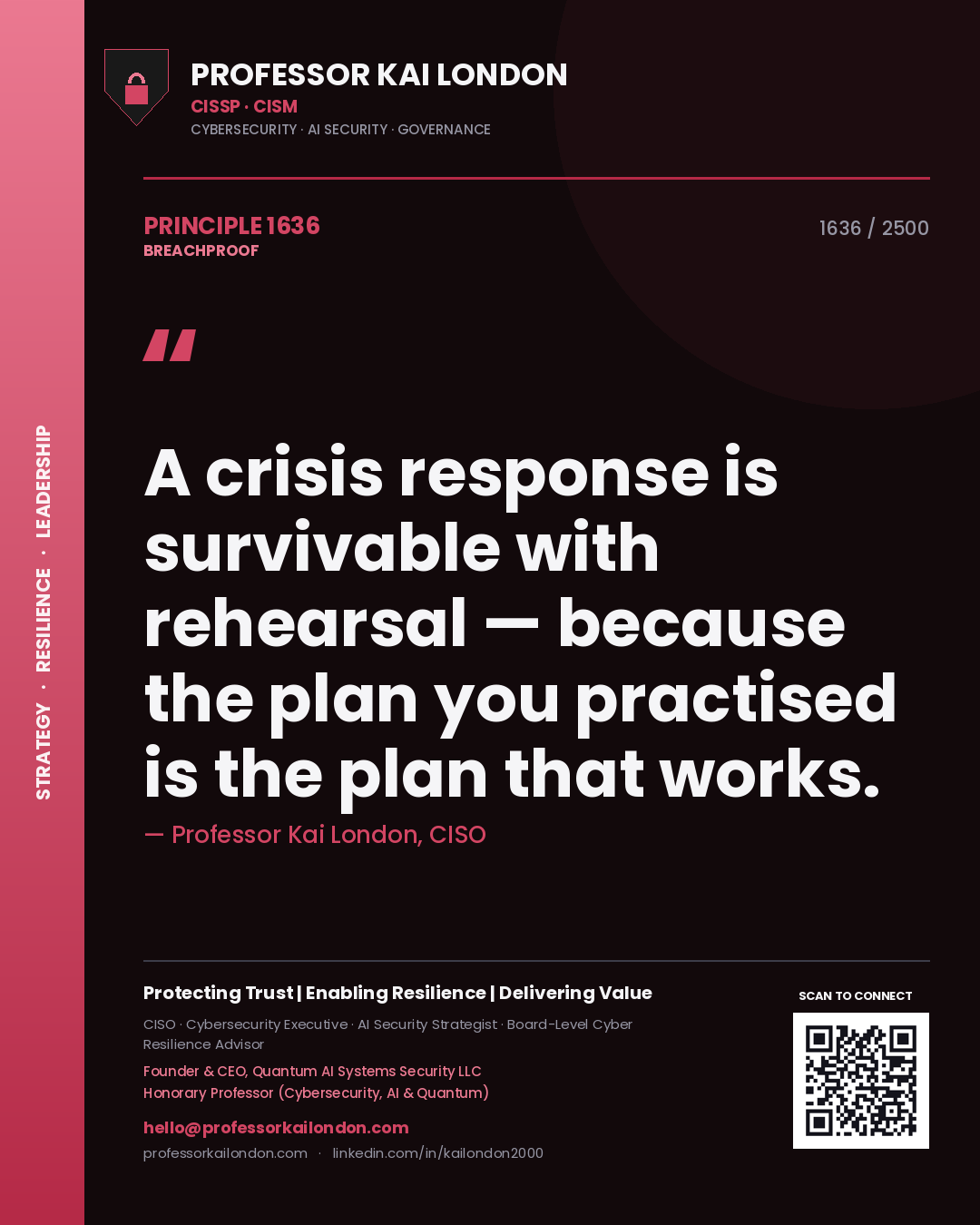 Professor Kai London principle 1636: A crisis response is survivable with rehearsal — because the plan you practised is the plan that works.