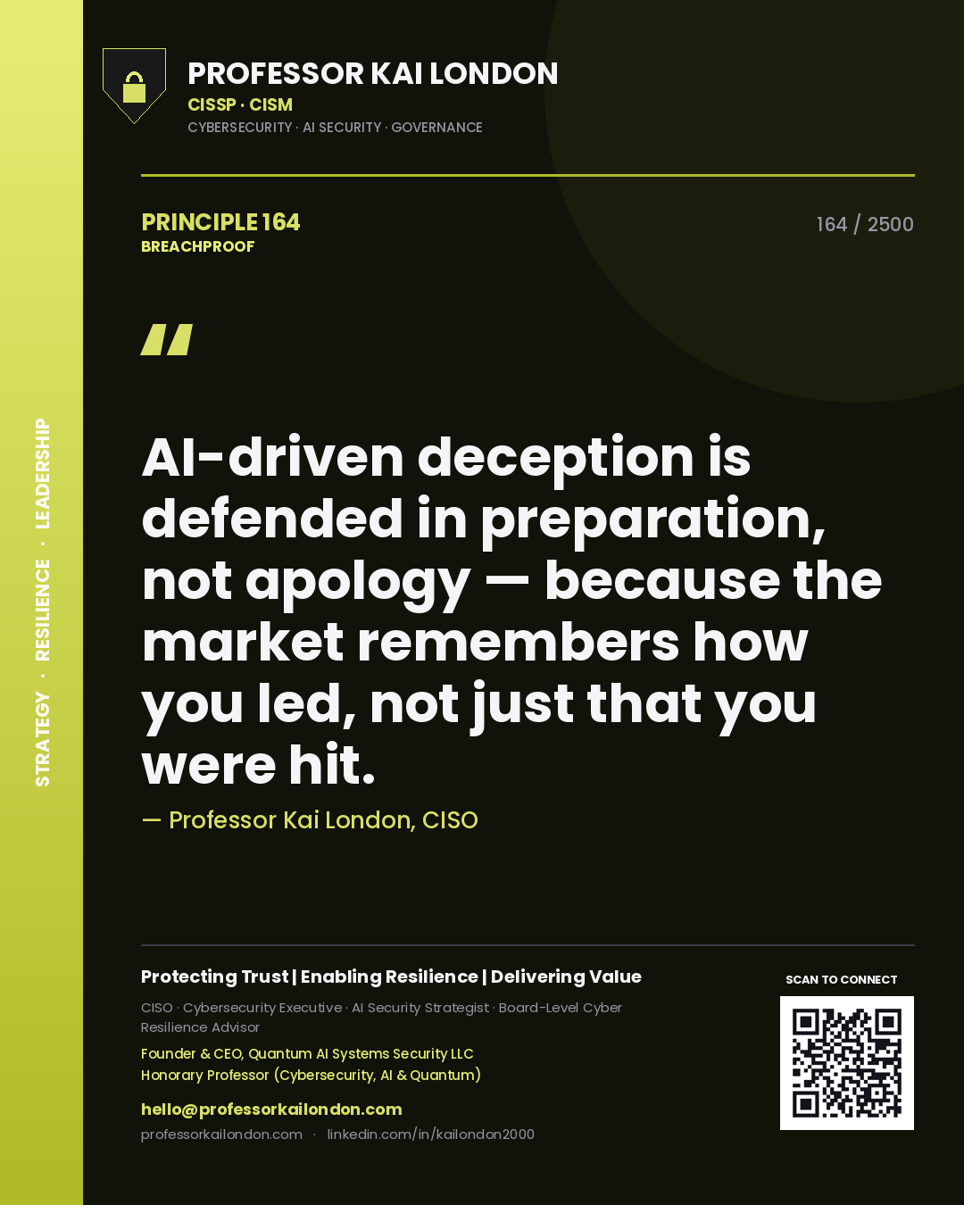 Professor Kai London principle 164: AI-driven deception is defended in preparation, not apology — because the market remembers how you led, not just that you were hit.