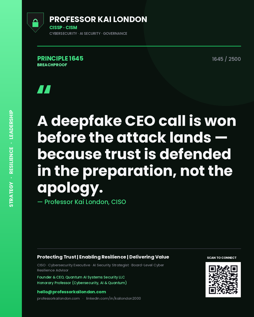 Professor Kai London principle 1645: A deepfake CEO call is won before the attack lands — because trust is defended in the preparation, not the apology.