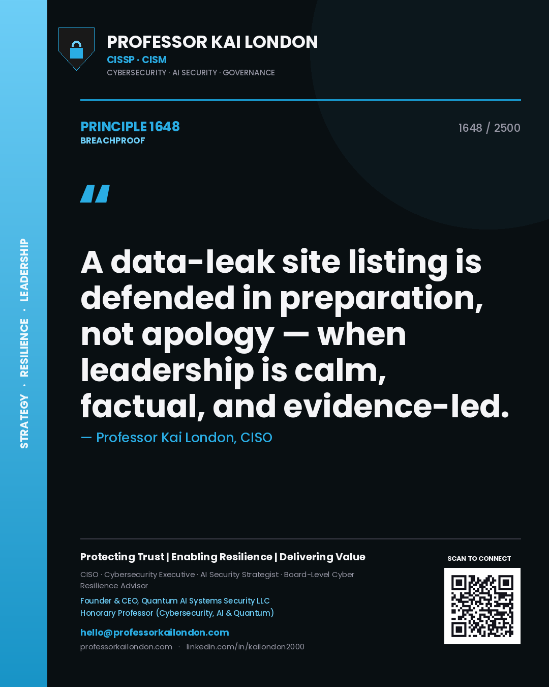 Professor Kai London principle 1648: A data-leak site listing is defended in preparation, not apology — when leadership is calm, factual, and evidence-led.