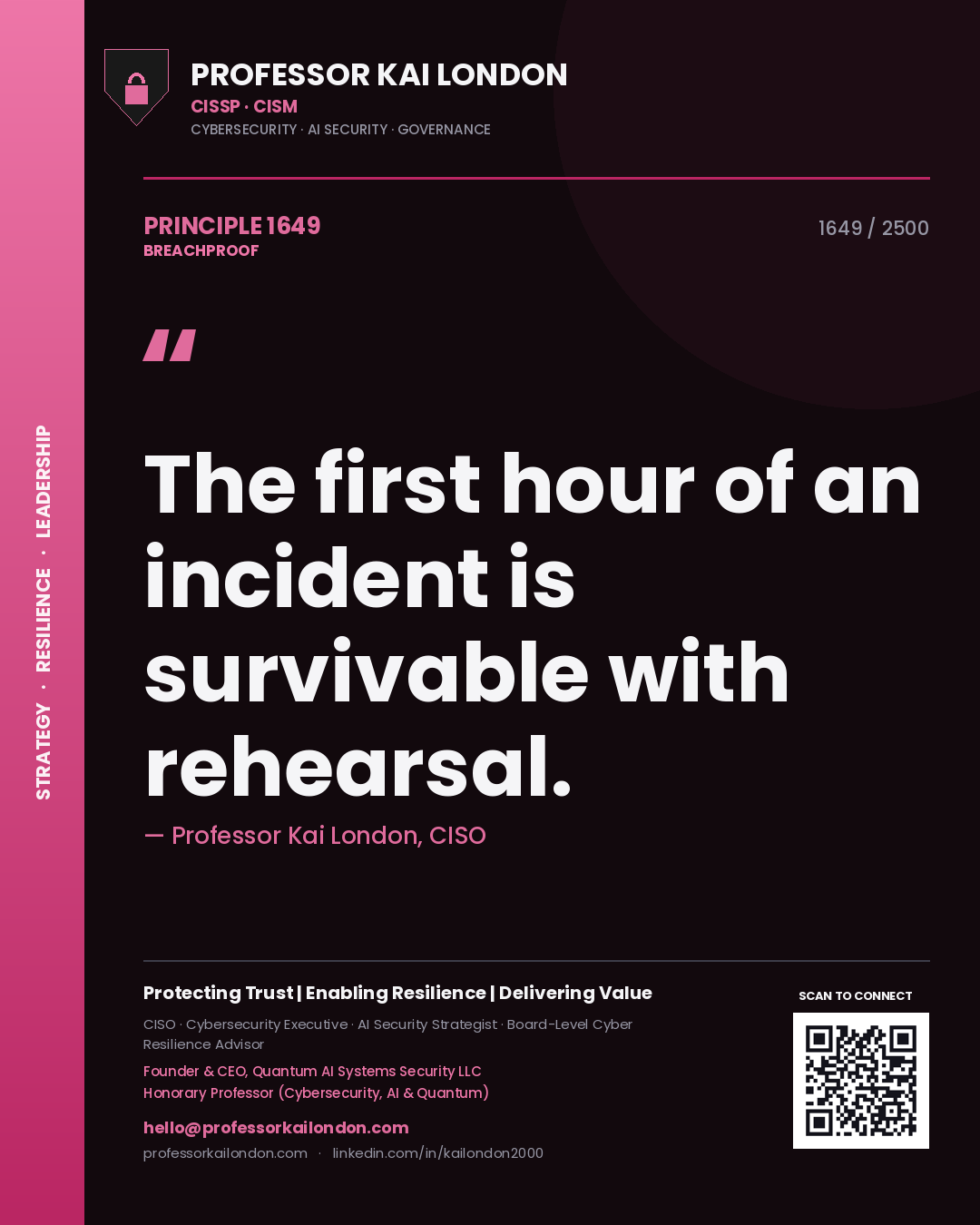 Professor Kai London principle 1649: The first hour of an incident is survivable with rehearsal.