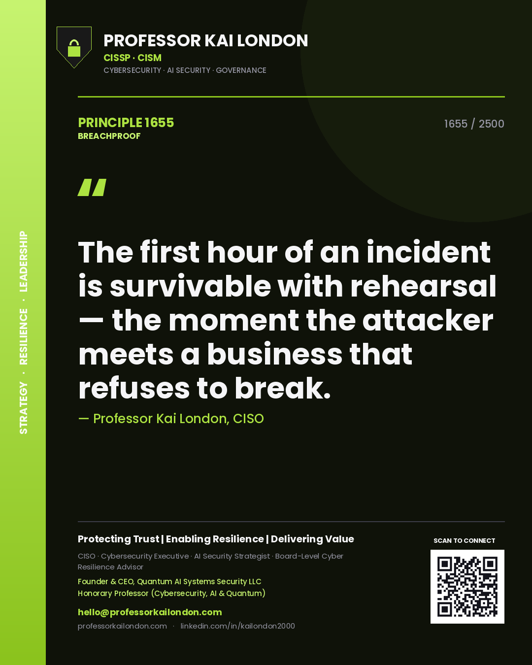 Professor Kai London principle 1655: The first hour of an incident is survivable with rehearsal — the moment the attacker meets a business that refuses to break.