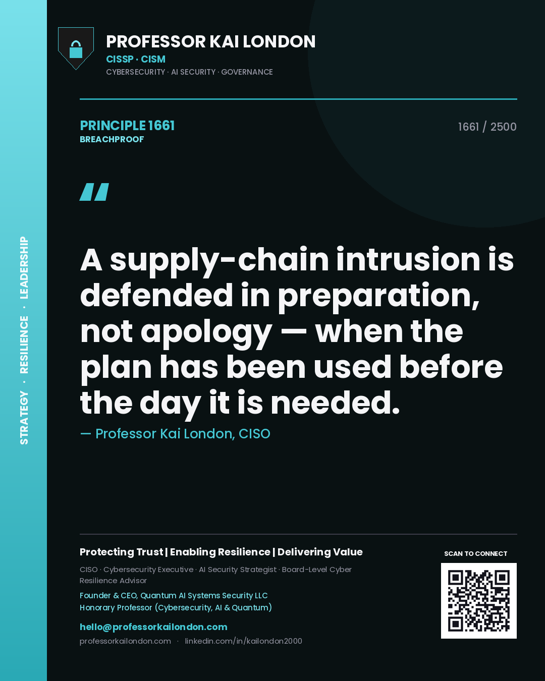 Professor Kai London principle 1661: A supply-chain intrusion is defended in preparation, not apology — when the plan has been used before the day it is needed.