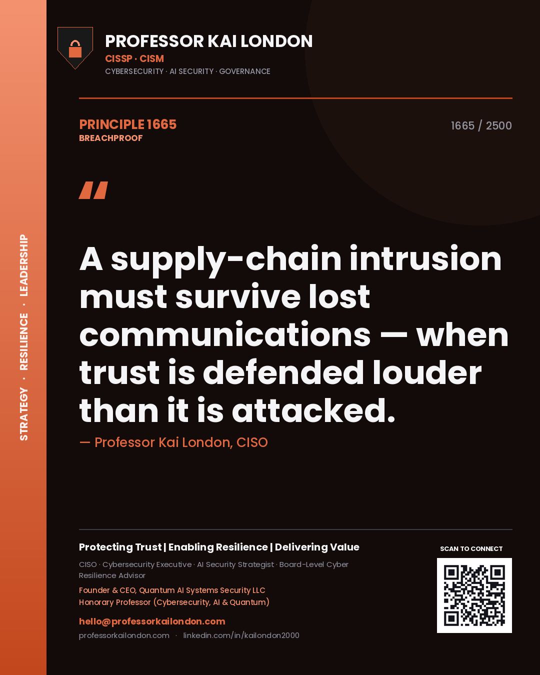 Professor Kai London principle 1665: A supply-chain intrusion must survive lost communications — when trust is defended louder than it is attacked.