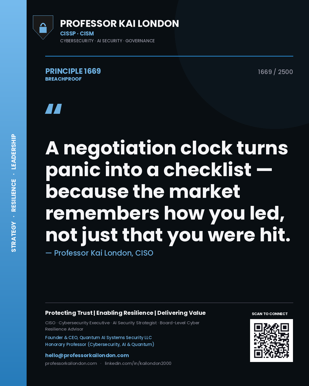 Professor Kai London principle 1669: A negotiation clock turns panic into a checklist — because the market remembers how you led, not just that you were hit.