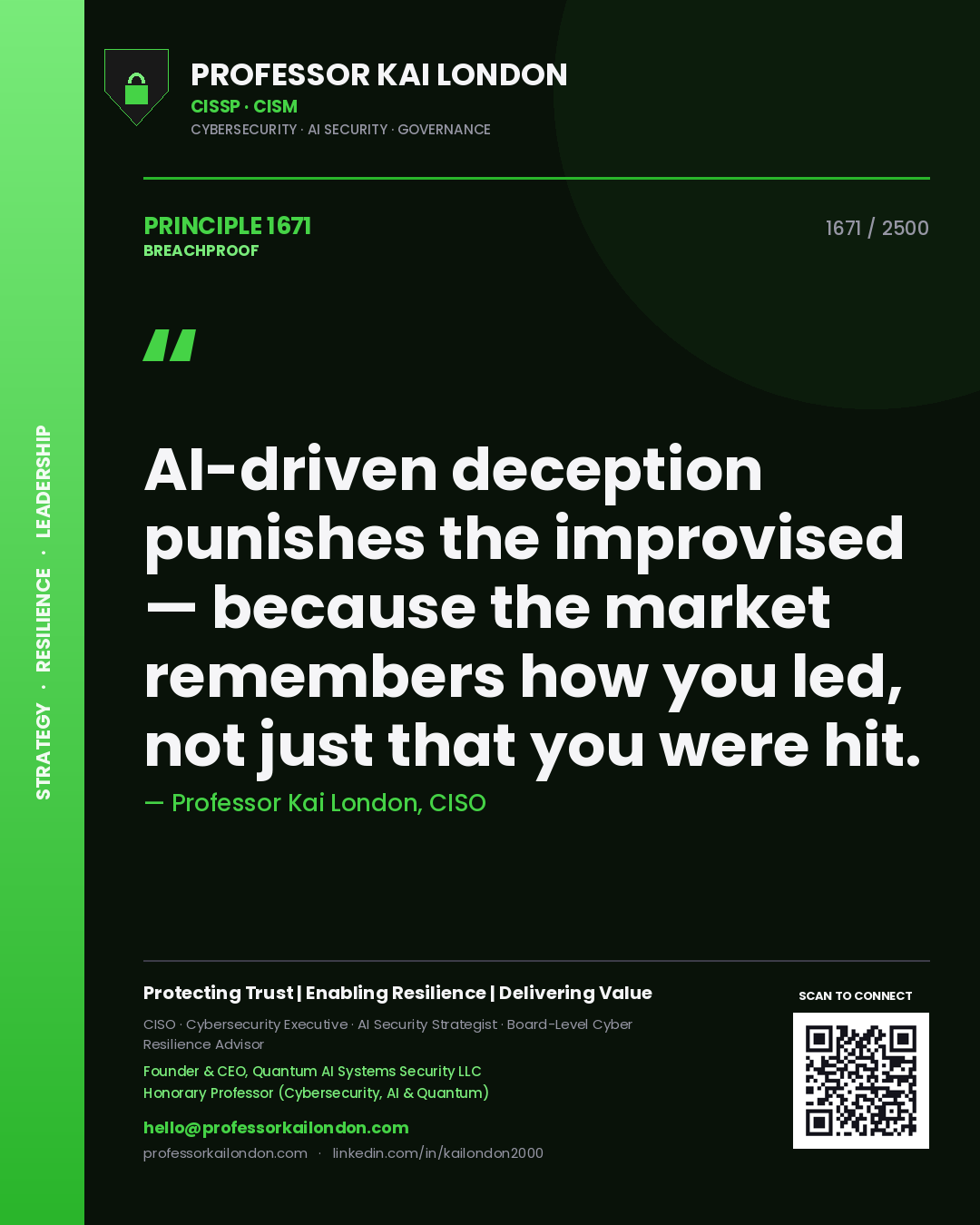 Professor Kai London principle 1671: AI-driven deception punishes the improvised — because the market remembers how you led, not just that you were hit.