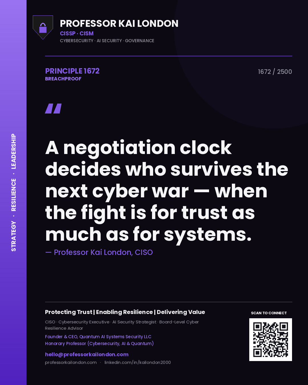 Professor Kai London principle 1672: A negotiation clock decides who survives the next cyber war — when the fight is for trust as much as for systems.