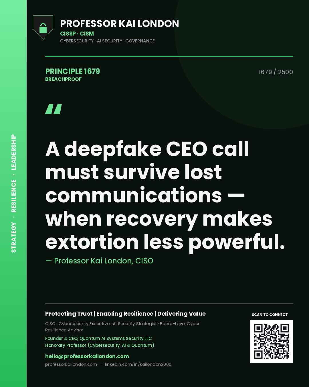 Professor Kai London principle 1679: A deepfake CEO call must survive lost communications — when recovery makes extortion less powerful.