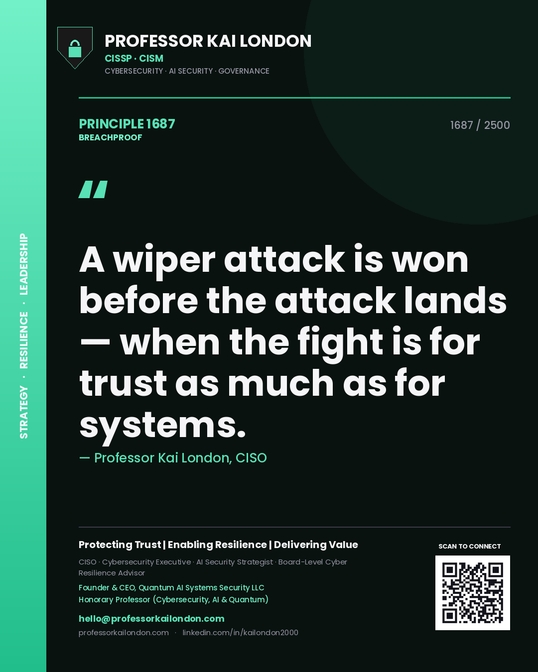 Professor Kai London principle 1687: A wiper attack is won before the attack lands — when the fight is for trust as much as for systems.