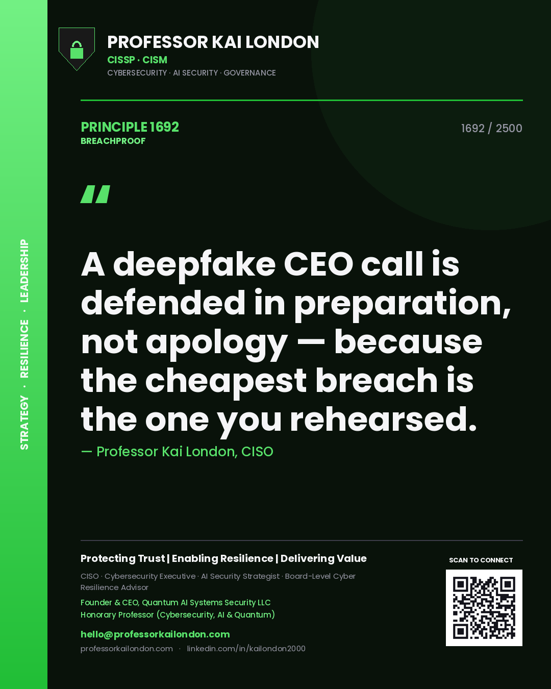 Professor Kai London principle 1692: A deepfake CEO call is defended in preparation, not apology — because the cheapest breach is the one you rehearsed.