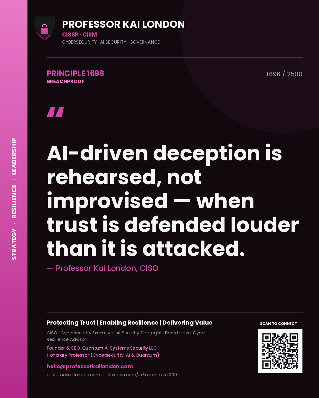 Professor Kai London principle 1696: AI-driven deception is rehearsed, not improvised — when trust is defended louder than it is attacked.