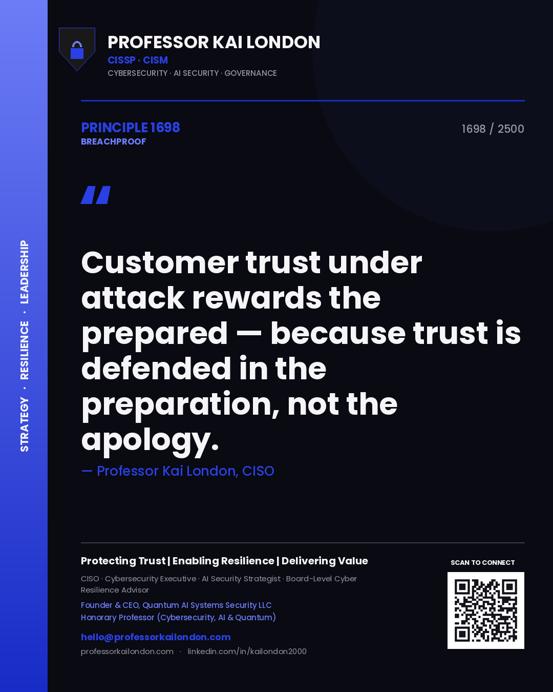 Professor Kai London principle 1698: Customer trust under attack rewards the prepared — because trust is defended in the preparation, not the apology.