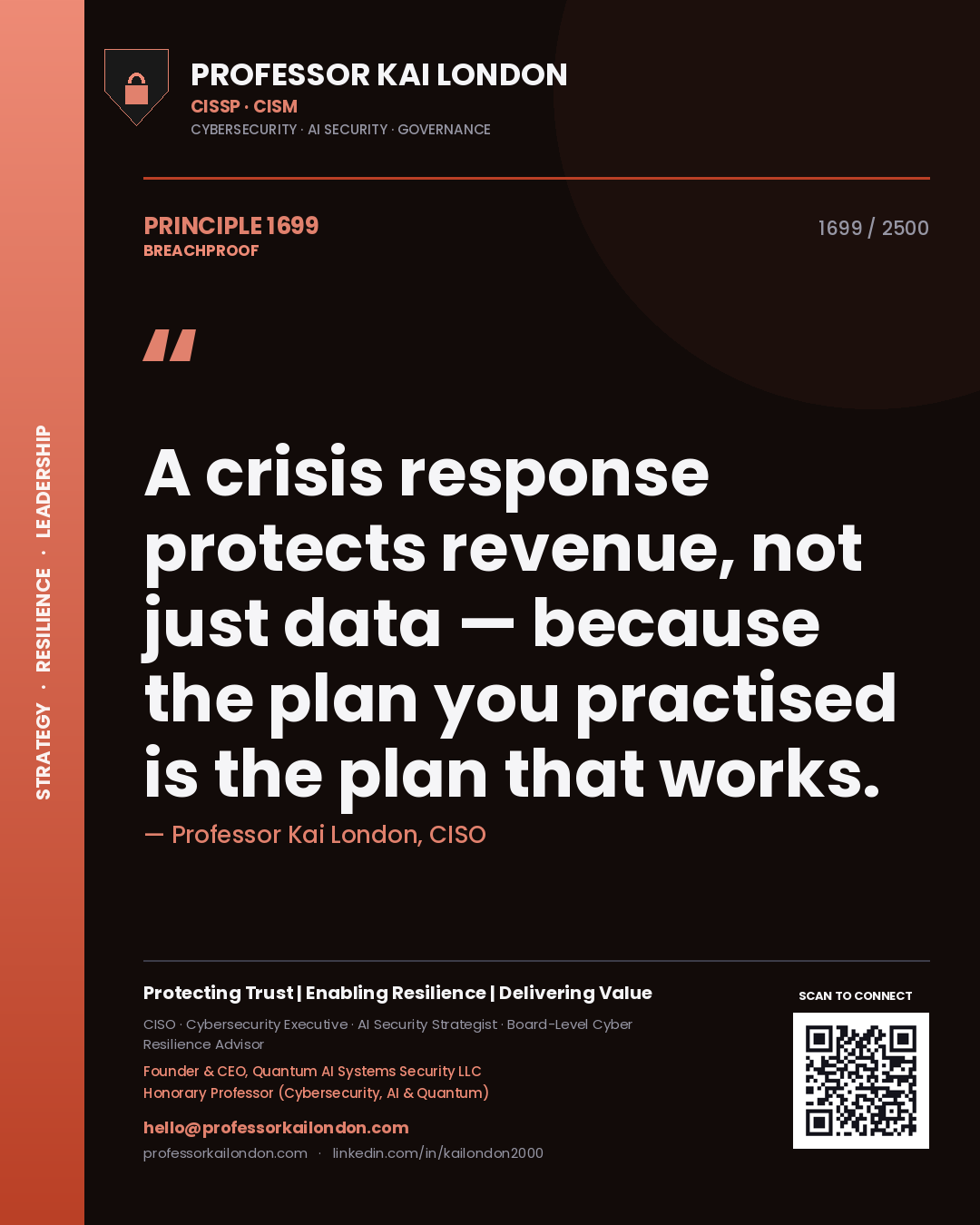 Professor Kai London principle 1699: A crisis response protects revenue, not just data — because the plan you practised is the plan that works.