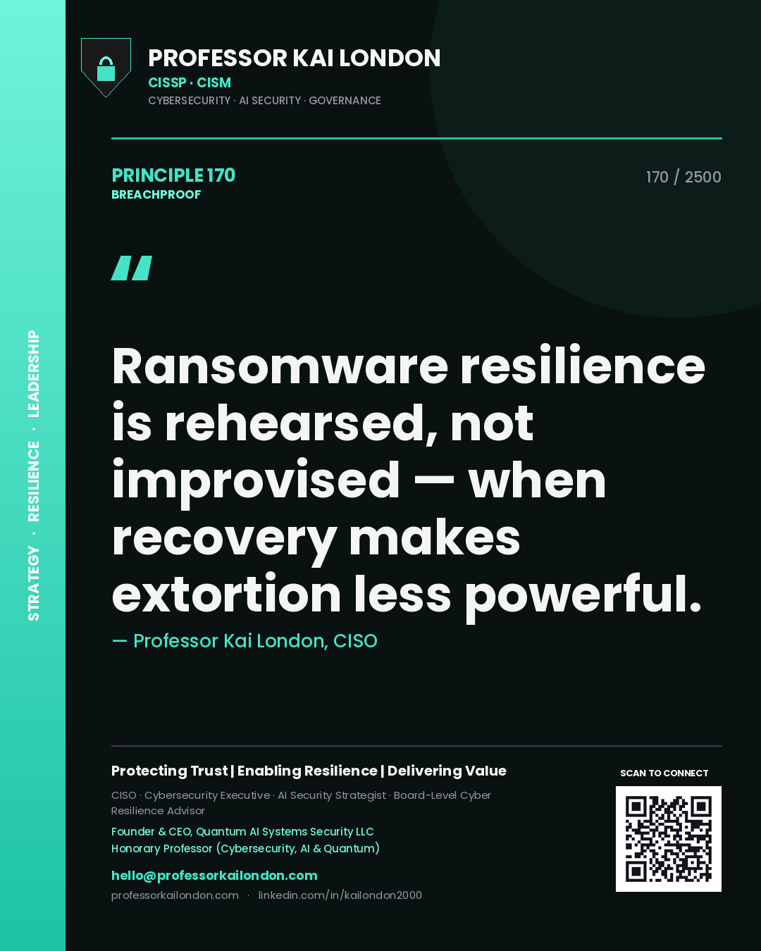 Professor Kai London principle 170: Ransomware resilience is rehearsed, not improvised — when recovery makes extortion less powerful.