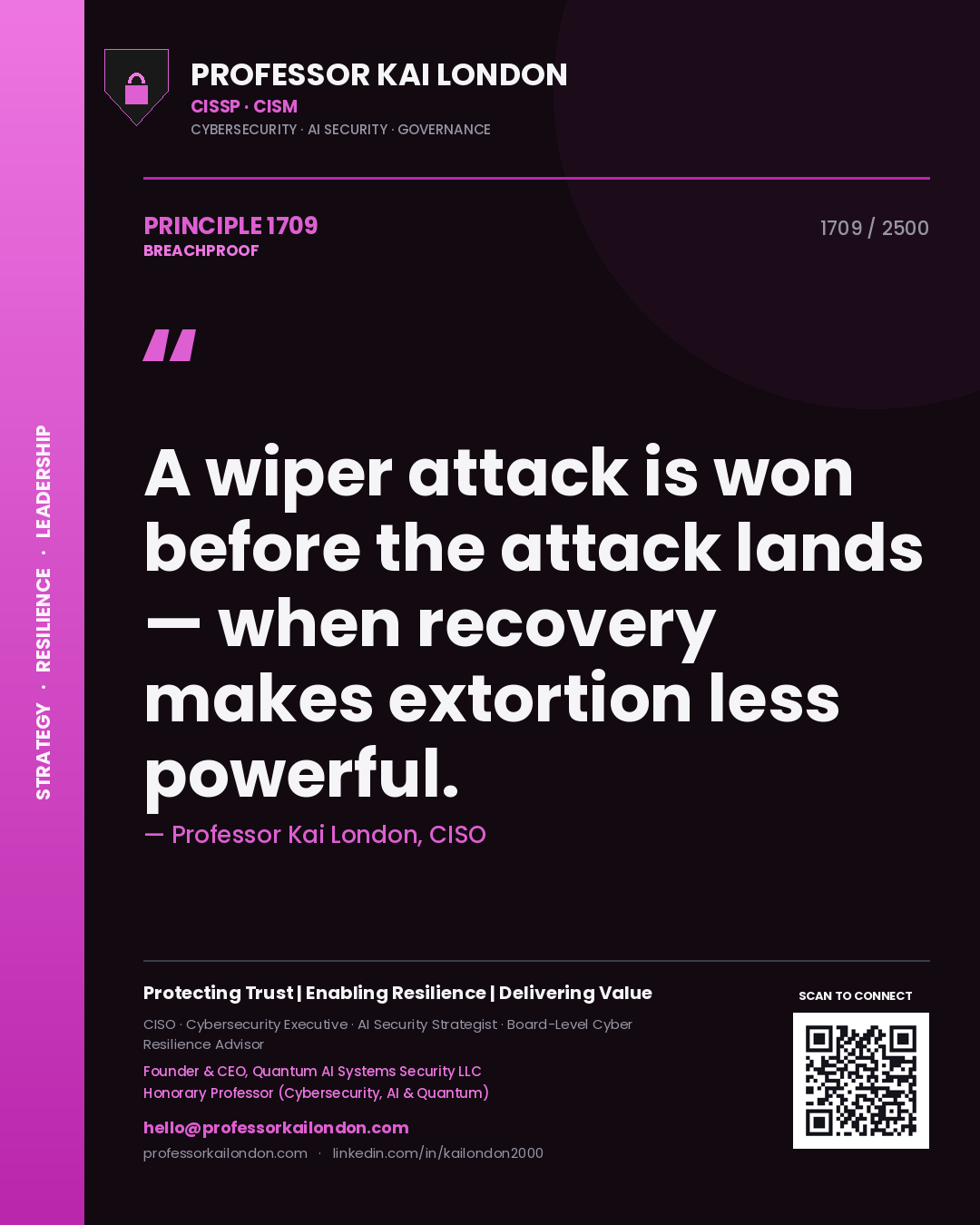 Professor Kai London principle 1709: A wiper attack is won before the attack lands — when recovery makes extortion less powerful.