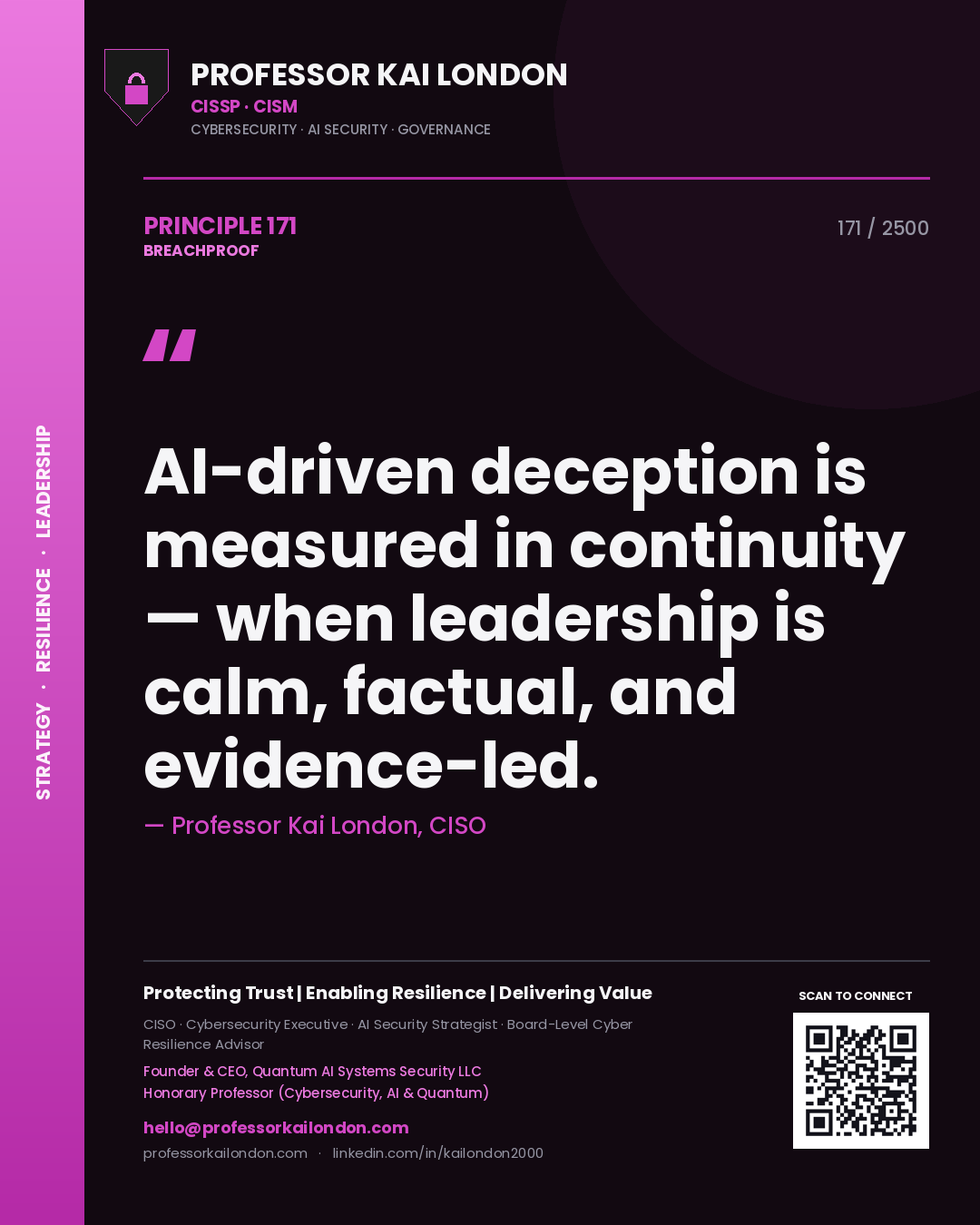 Professor Kai London principle 171: AI-driven deception is measured in continuity — when leadership is calm, factual, and evidence-led.