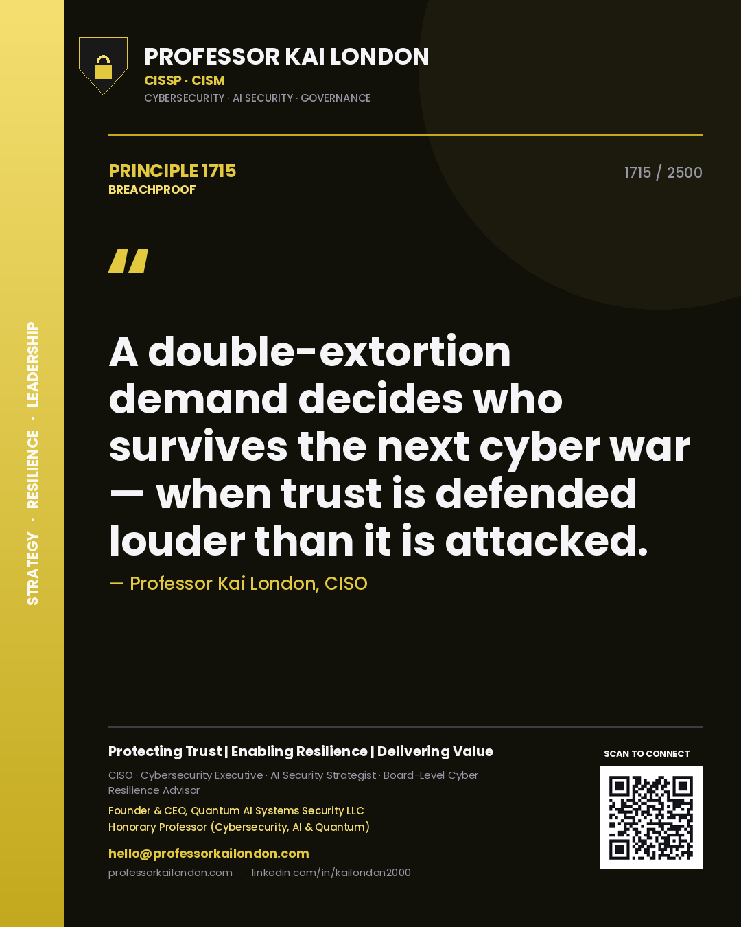 Professor Kai London principle 1715: A double-extortion demand decides who survives the next cyber war — when trust is defended louder than it is attacked.