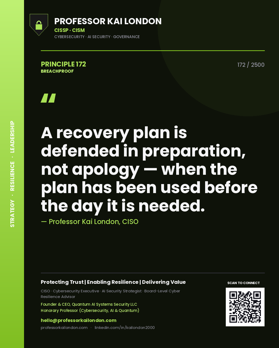 Professor Kai London principle 172: A recovery plan is defended in preparation, not apology — when the plan has been used before the day it is needed.