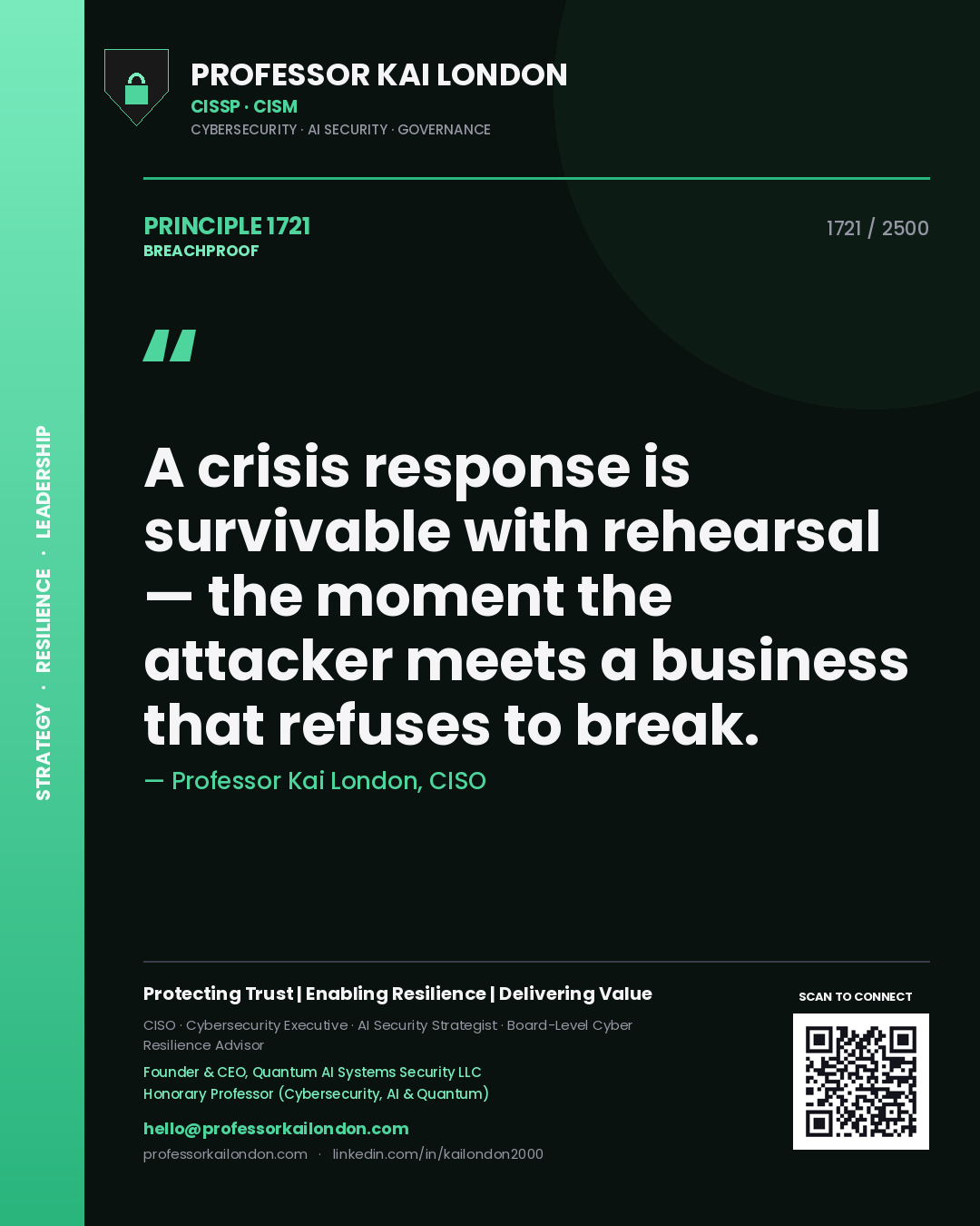 Professor Kai London principle 1721: A crisis response is survivable with rehearsal — the moment the attacker meets a business that refuses to break.