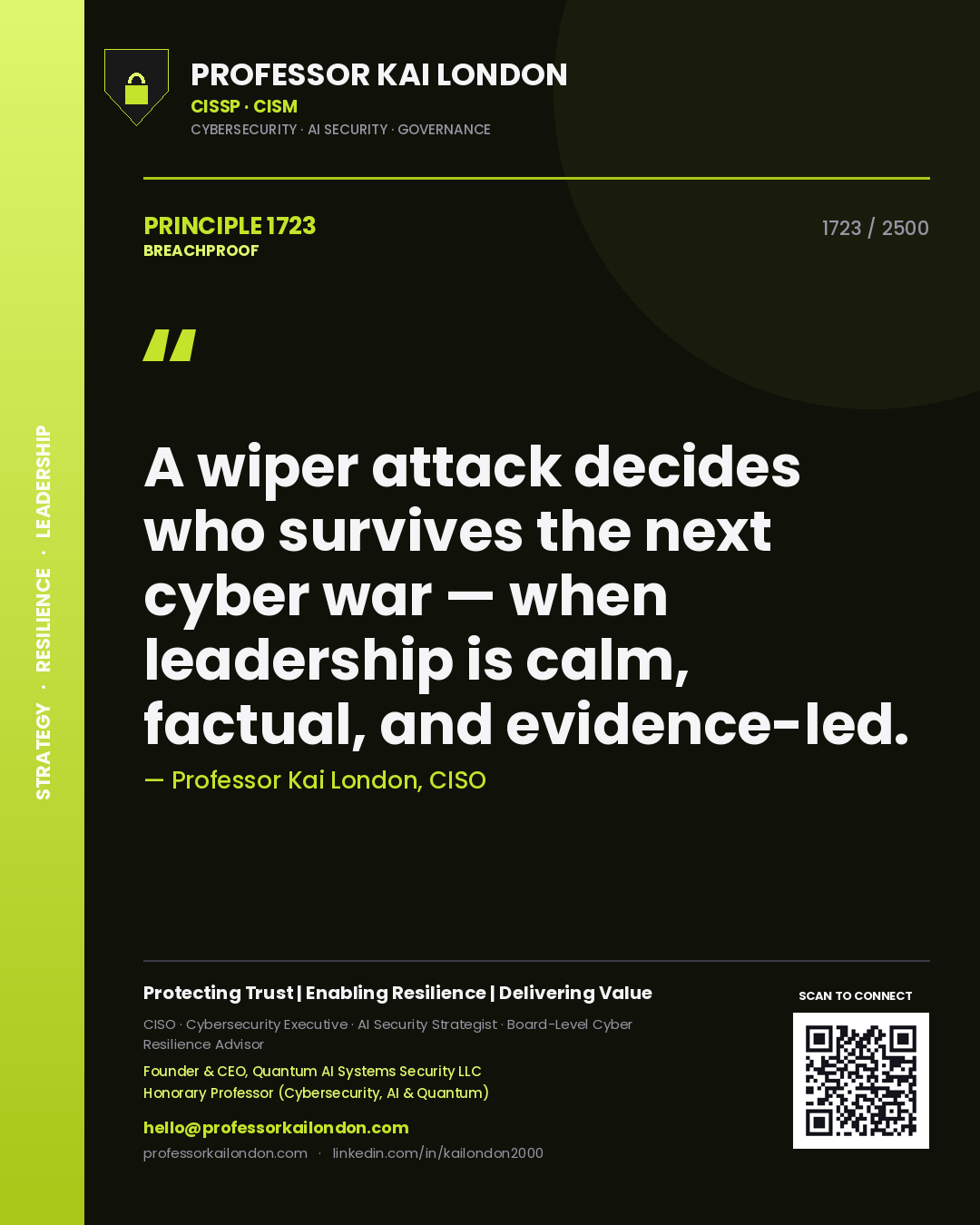Professor Kai London principle 1723: A wiper attack decides who survives the next cyber war — when leadership is calm, factual, and evidence-led.