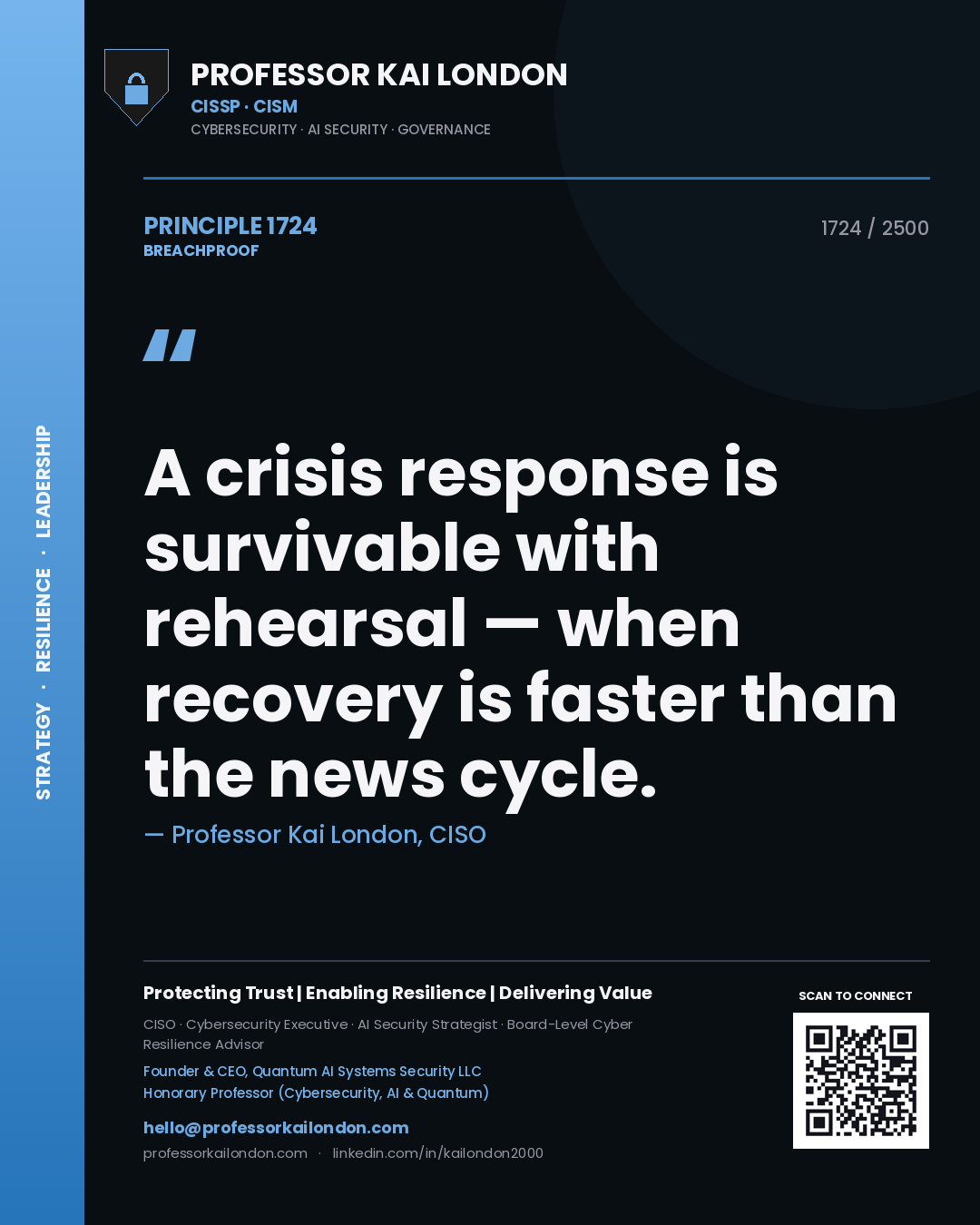 Professor Kai London principle 1724: A crisis response is survivable with rehearsal — when recovery is faster than the news cycle.