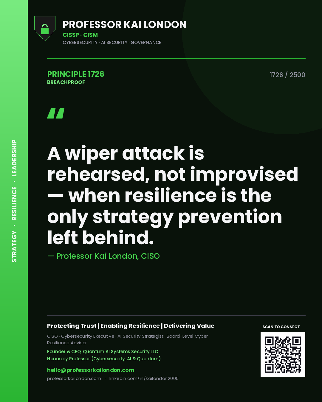 Professor Kai London principle 1726: A wiper attack is rehearsed, not improvised — when resilience is the only strategy prevention left behind.
